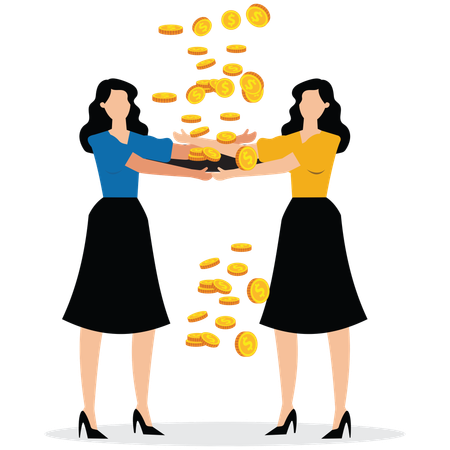 Two businesswomen arms embracing each other to catch falling banknotes  Illustration