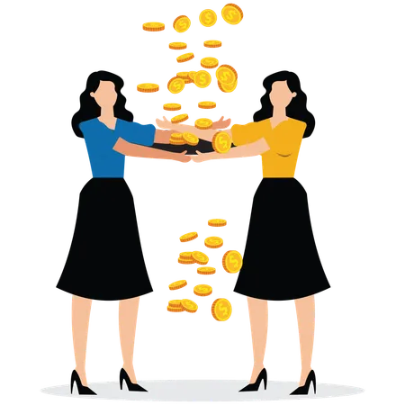 Two businesswomen arms embracing each other to catch falling banknotes  Illustration