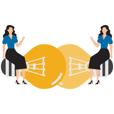 Two businesswomen blending their respective idea light bulbs together  Illustration