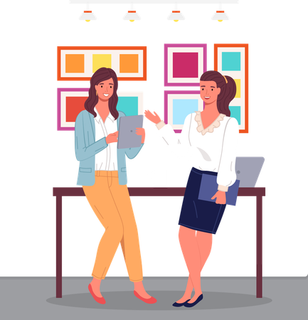 Two businesswomen communicate in coffee break  Illustration