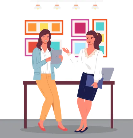 Two businesswomen communicate in coffee break  Illustration