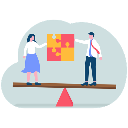 Two businesswomen connect puzzle on seesaw  Illustration