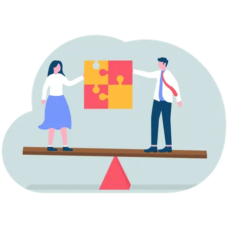 Two businesswomen connect puzzle on seesaw  Illustration