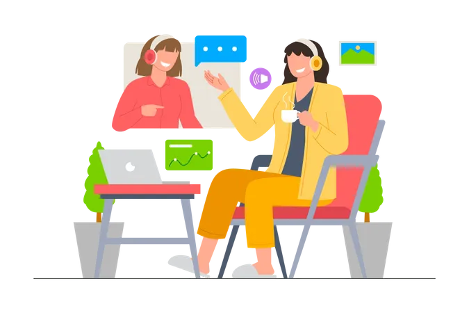 Two businesswomen meeting via video call Illustration