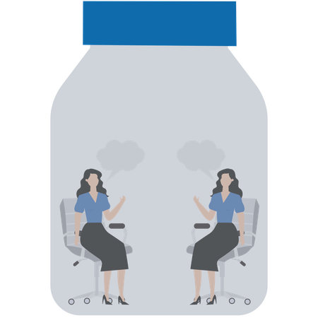 Two businesswomen sitting inside airtight glass jar talking  Illustration