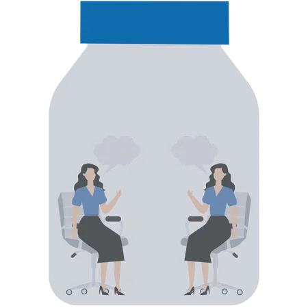 Two businesswomen sitting inside airtight glass jar talking  Illustration