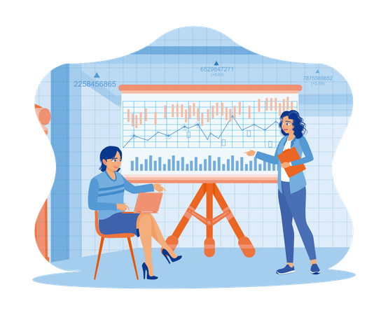 Two businesswomen using laptop and documents in meeting room. Office financial analysis with charts, graphs and candlesticks on flip board. Finance and innovation concept. trend flat vector modern illustration  일러스트레이션