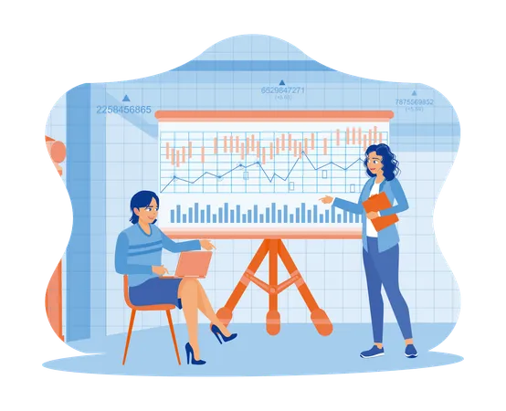 Two businesswomen using laptop and documents in meeting room. Office financial analysis with charts, graphs and candlesticks on flip board. Finance and innovation concept. trend flat vector modern illustration  Illustration