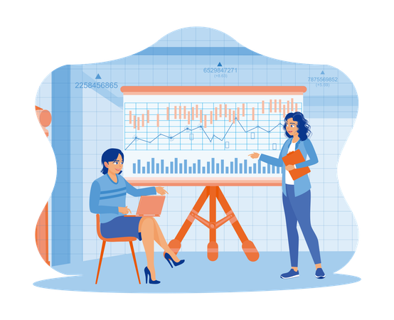 Two businesswomen using laptop and documents in meeting room. Office financial analysis with charts, graphs and candlesticks on flip board. Finance and innovation concept. trend flat vector modern illustration  Illustration