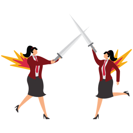 Two businesswomen with their backs on fire trying to attack each other  Illustration