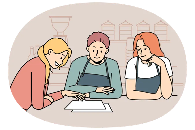 Two cafe owners consulting with professional female restaurateur  Illustration
