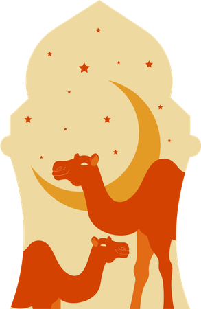 Two camels with mosque and moon  Illustration
