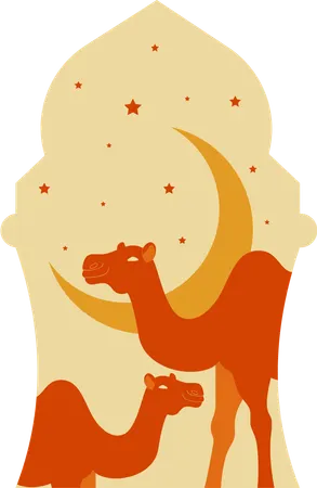 Two camels with mosque and moon  Illustration