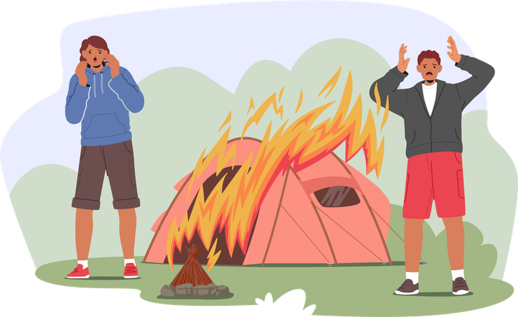 Two Campers React With Shock And Panic Tent Catches Fire  Illustration