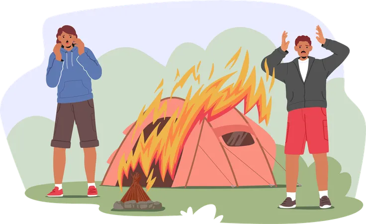 Two Campers React With Shock And Panic Tent Catches Fire  Illustration