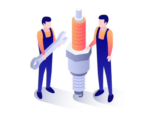 Two car mechanic holding spark plug  Illustration