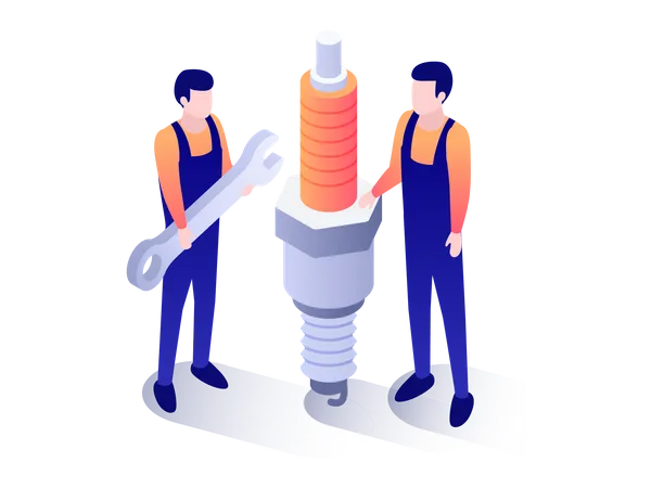 Two car mechanic holding spark plug  Illustration