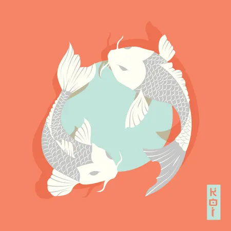 Two carp koi fish swimming around Sun, traditional Japanese style  Illustration