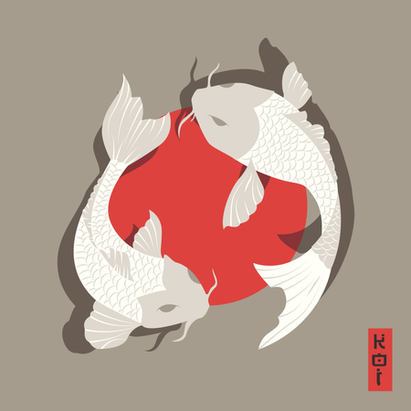 Two carp koi fish swimming around Sun, traditional Japanese style Illustration