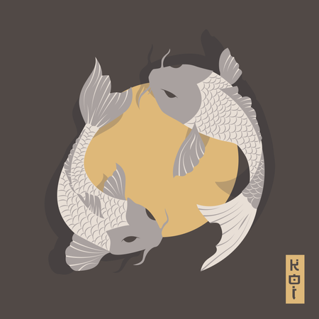 Two carp koi fish swimming around Sun, traditional Japanese style  Illustration