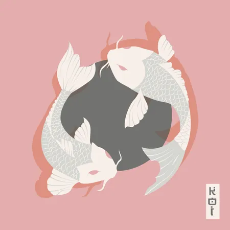 Two carp koi fish swimming around Sun, traditional Japanese style  Illustration