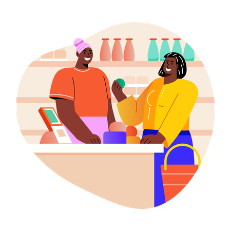 Two characters standing at checkout counter  Illustration