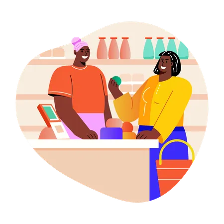 Two characters standing at checkout counter  Illustration