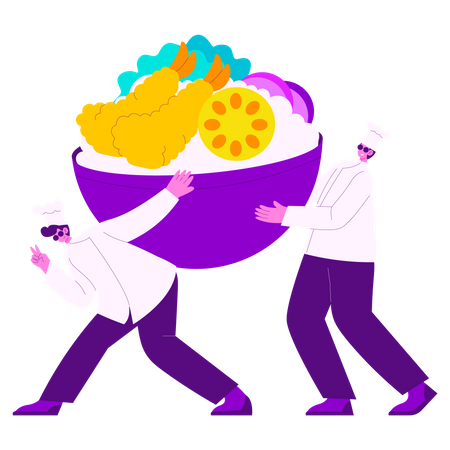 Two chefs holding food bowl  일러스트레이션