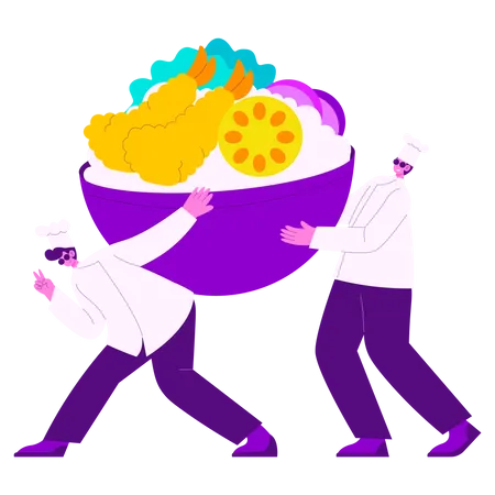 Two chefs holding food bowl  일러스트레이션