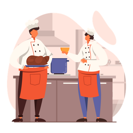 Two chefs making grilled Chicken Illustration