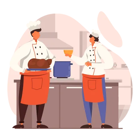 Two chefs making grilled Chicken Illustration