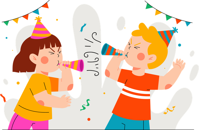 Two children blowing trumpet  Illustration