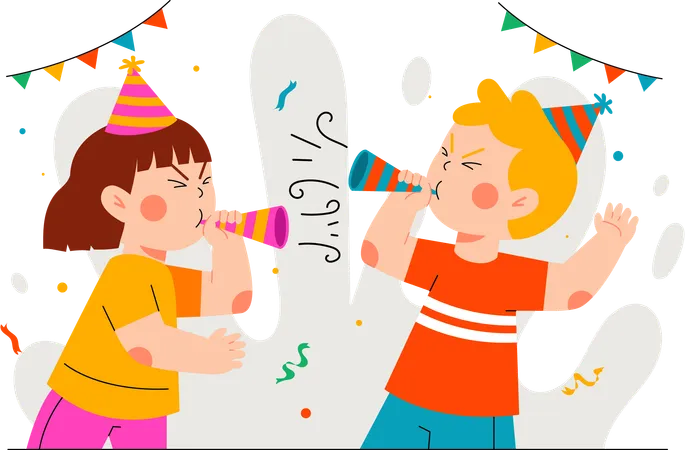 Two children blowing trumpet  Illustration