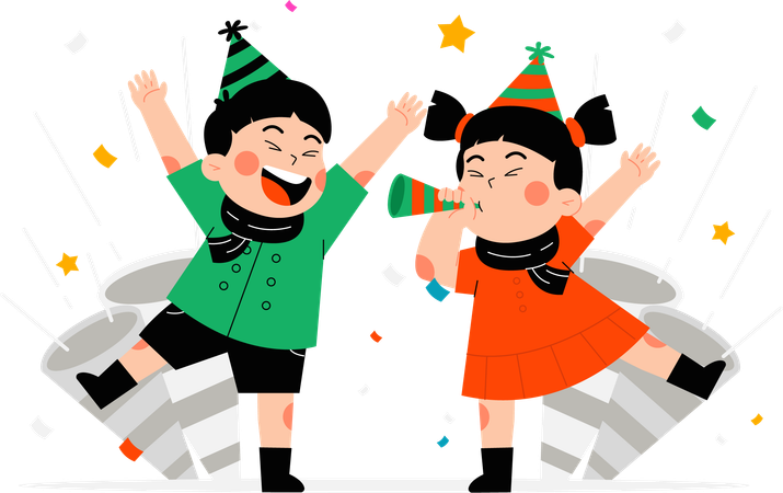 Two children celebrate by blowing trumpets  Illustration