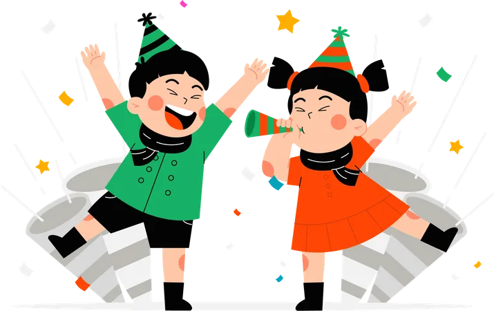 Two children celebrate by blowing trumpets  Illustration