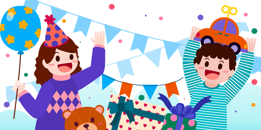 Two children celebrating birthday together Illustration