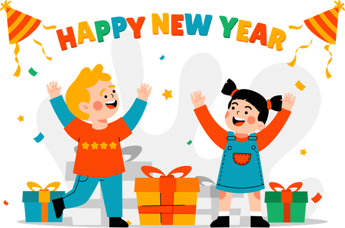 Two Children celebrating new year together  Illustration