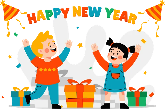 Two Children celebrating new year together  Illustration