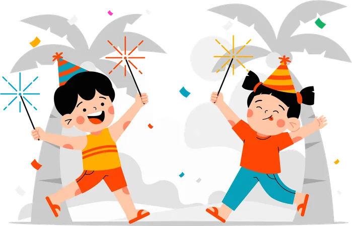 Two children celebrating playing with fireworks  Illustration