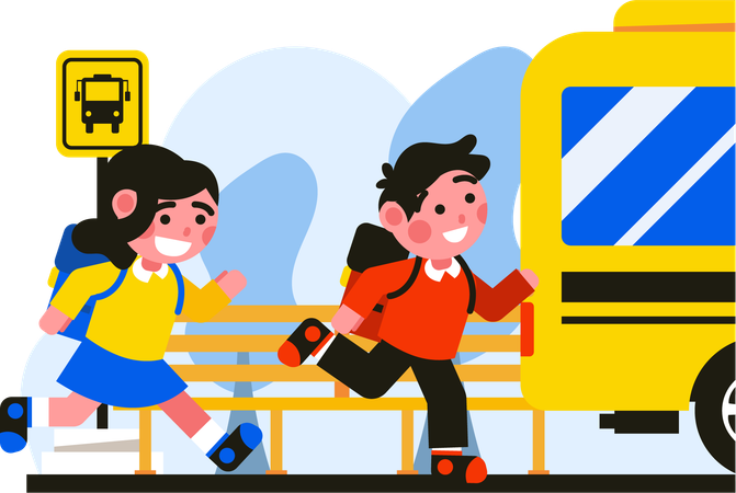 Two Children Chasing School Bus  Illustration