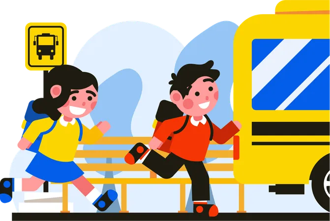 Two Children Chasing School Bus  Illustration