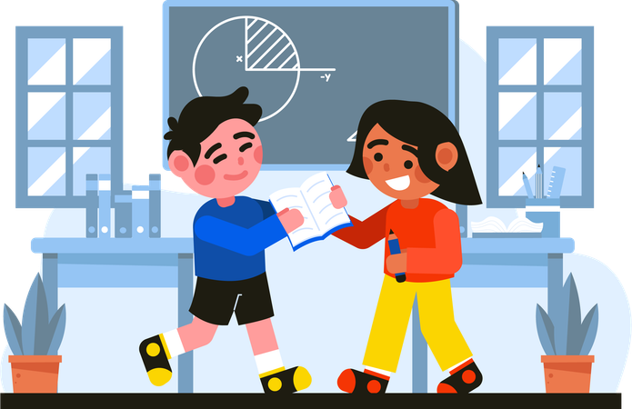 Two Children Discussing Task  Illustration