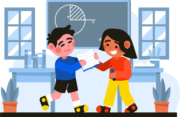 Two Children Discussing Task  Illustration