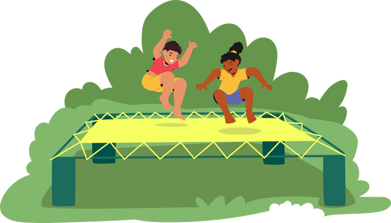 Two Children  Enjoying Fun Day Outdoors Jumping on  Trampoline  Illustration