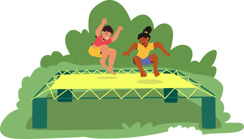 Two Children  Enjoying Fun Day Outdoors Jumping on  Trampoline  Illustration