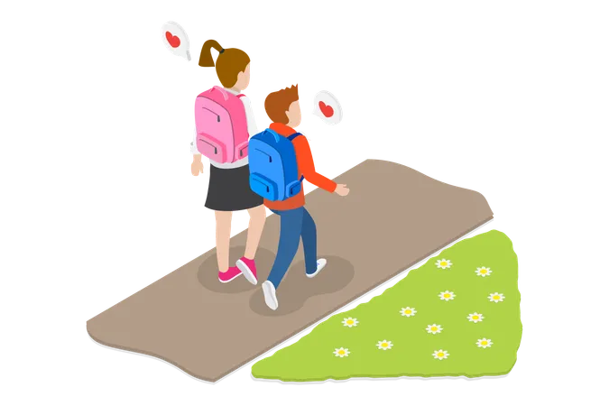 3 D Isometric Flat Vector Conceptual Illustration Of Two Children Characters Brother And Sister With Backpacks Going To School Illustration