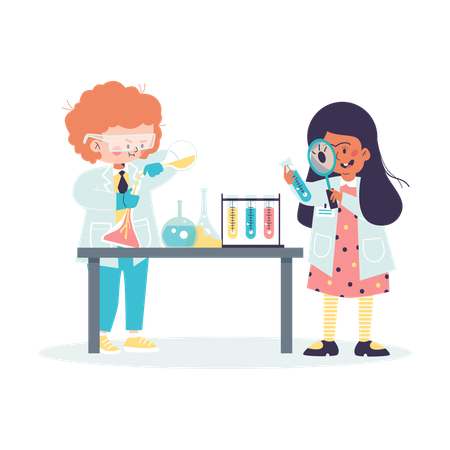 Two children in science laboratory conduct chemical experiments  Illustration