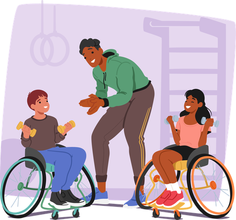 Two Children In Wheelchairs Lifting Weights In Gym  Illustration