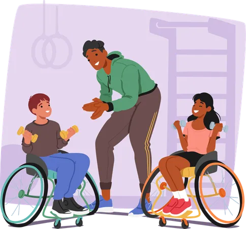 Two Children In Wheelchairs Lifting Weights In Gym  Illustration