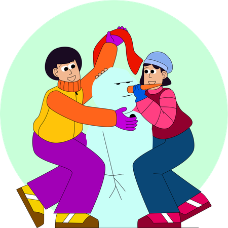 Two children joyfully building a snowman  Illustration